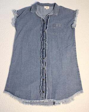 Umgee Denim Frayed Sleeveless Button Down Shirt Dress Size M